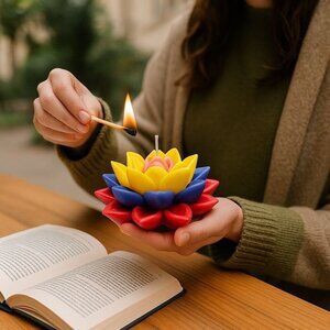 Lotus Flower Soy Candle–Good Fortune Scent, Handmade Ritual Wax, Red Yellow Blue
